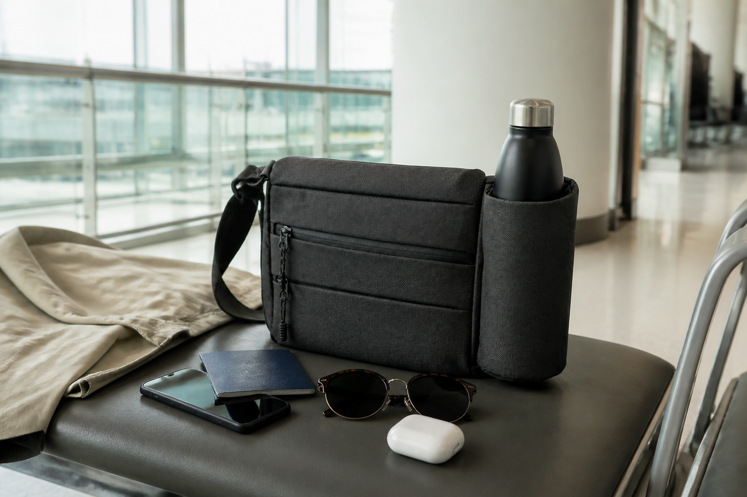 BottleSlot Travel Sling on an airport bench with passport, sunglasses, earbuds, and folded jacket