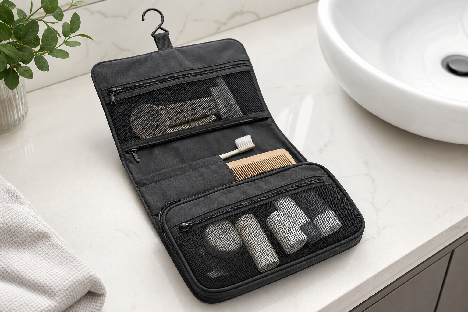 Opened hanging toiletry pouch showing separated compartments
