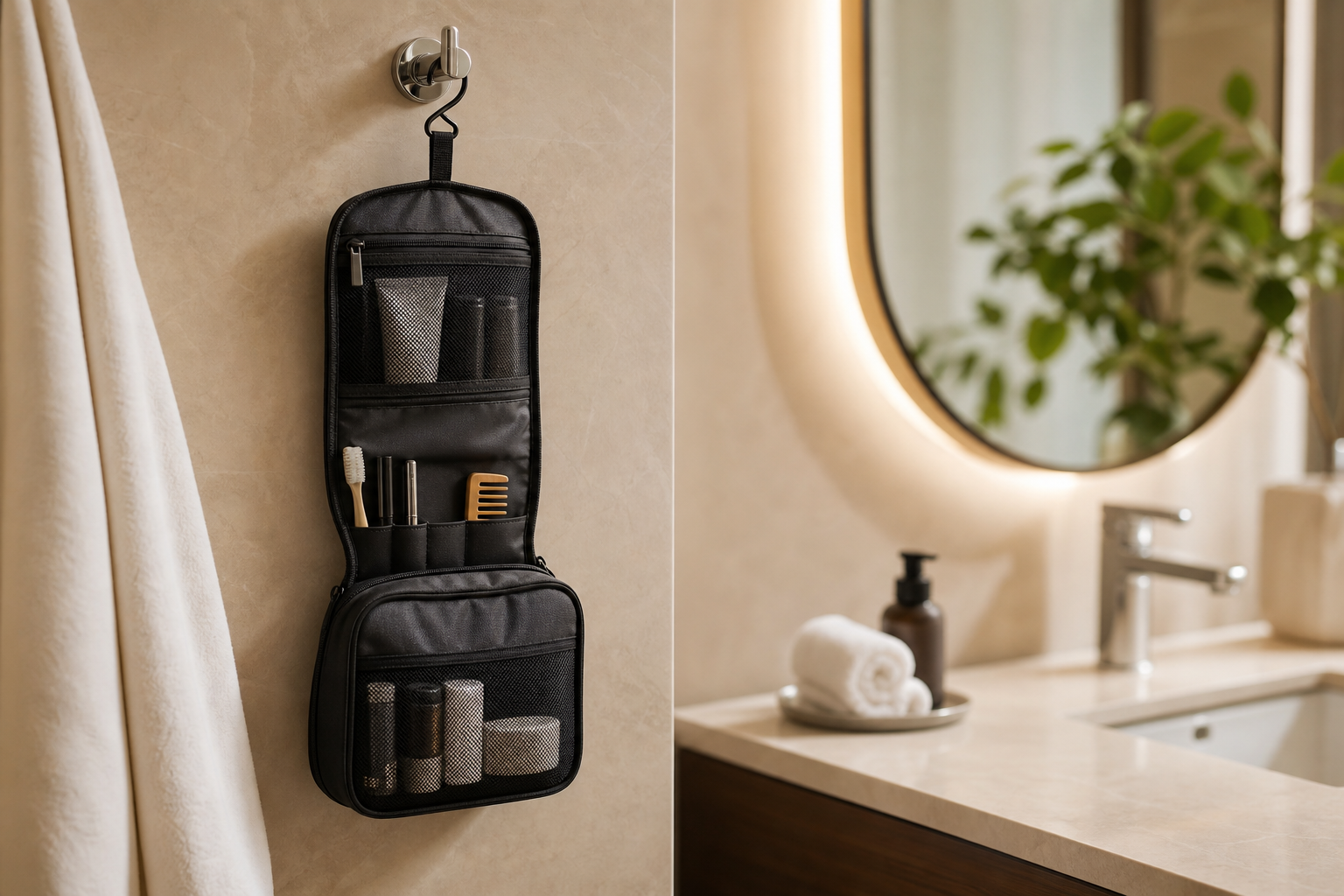 Hanging toiletry pouch beside a compact hotel sink