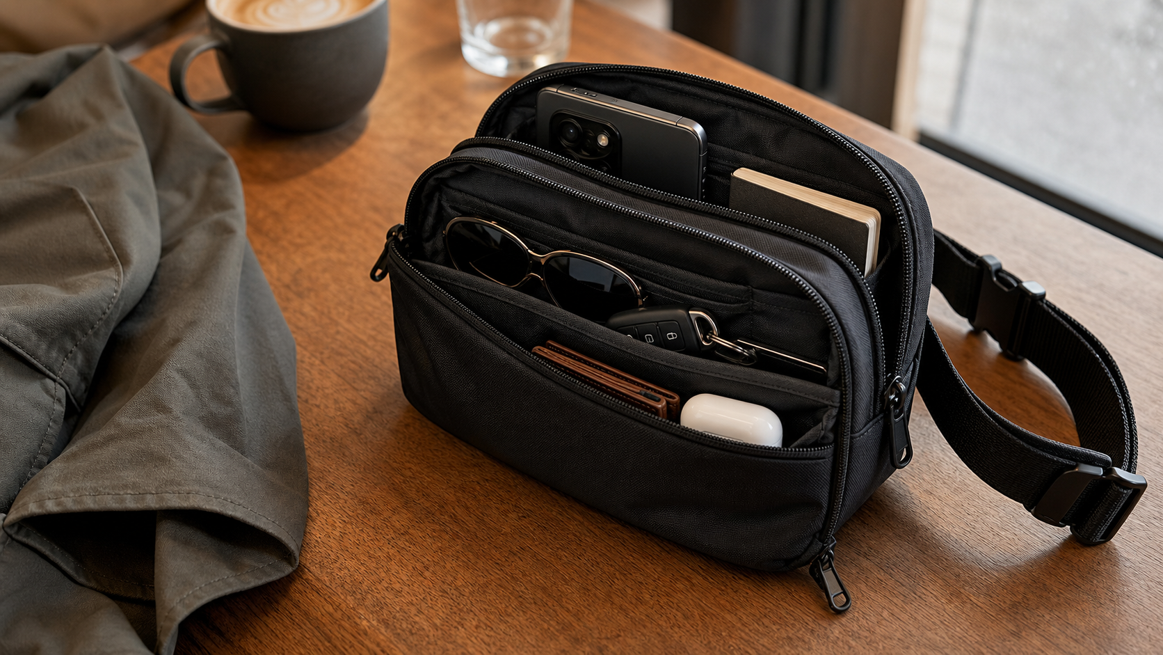 DivideLine Mini Sling open on a cafe table with phone, sunglasses, keys, wallet, earbuds, and notebook separated