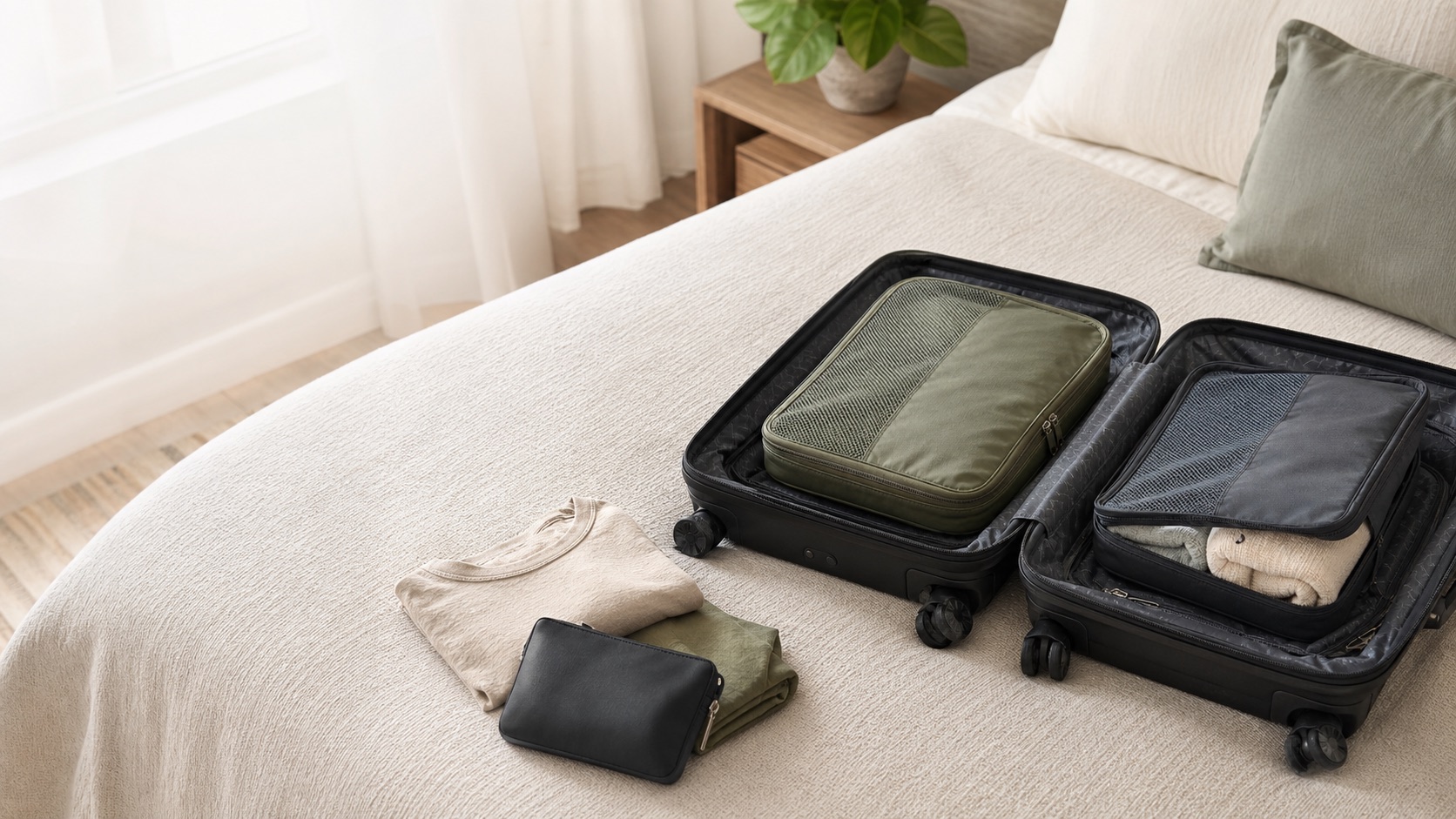 Packing cube set inside an open carry-on suitcase before a trip