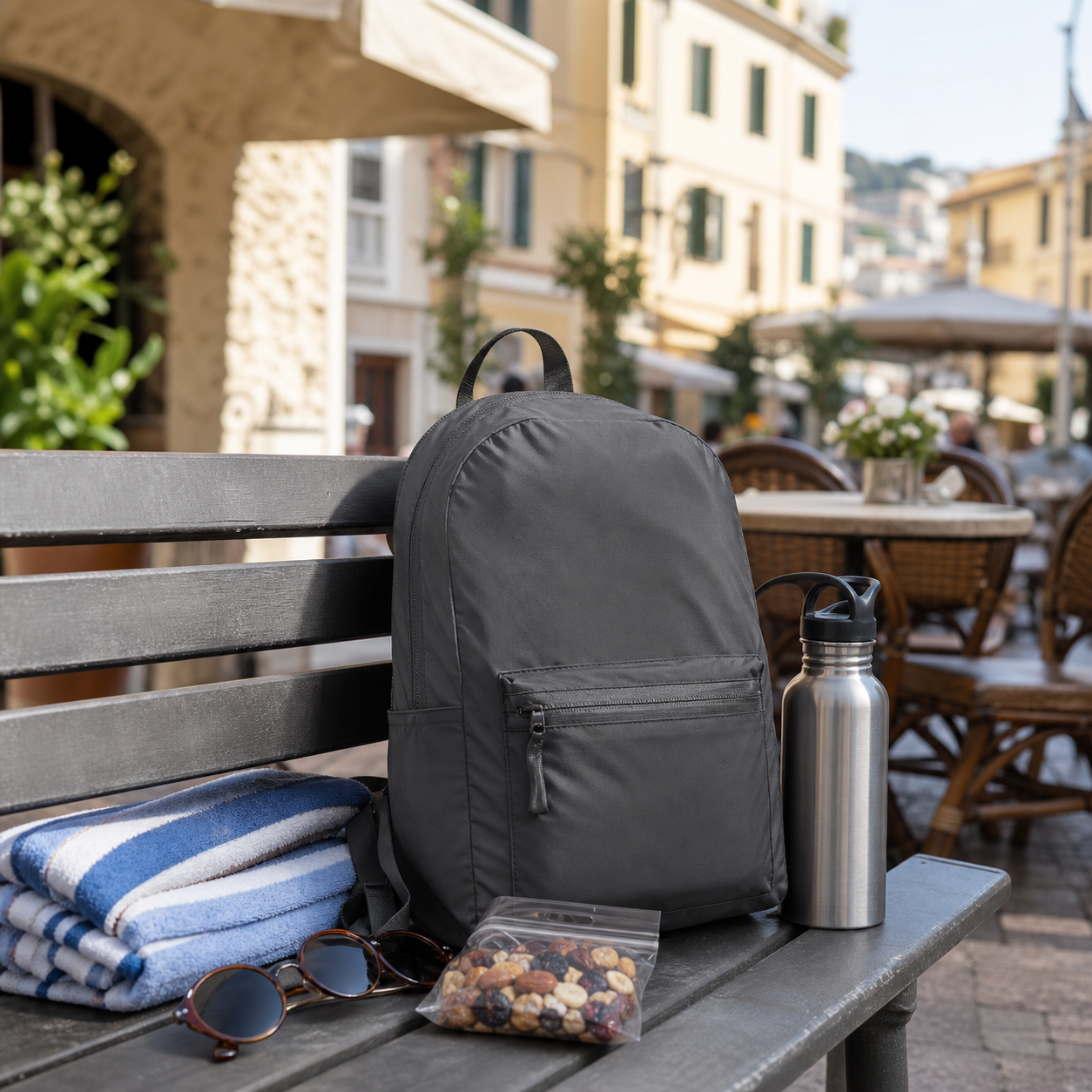 Packable day bag beside day-trip travel essentials