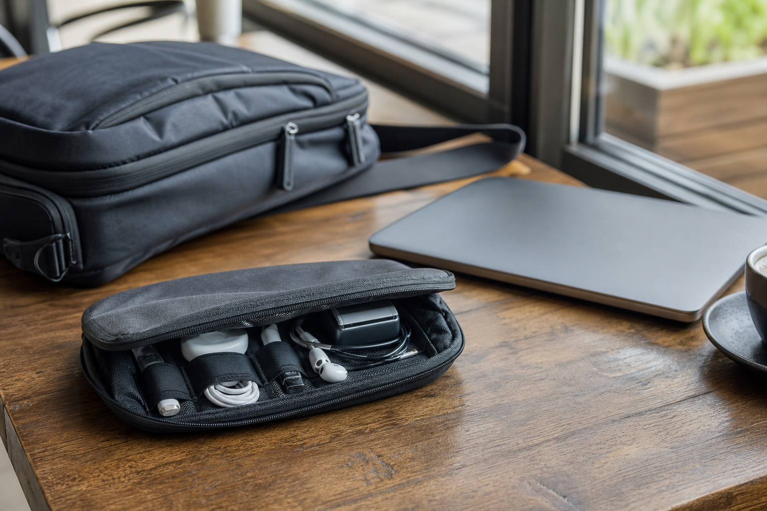 Compact tech pouch beside a travel bag on a cafe table