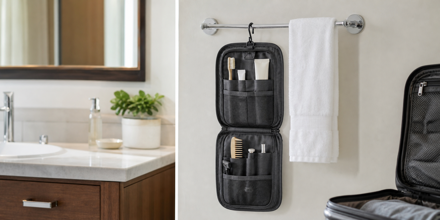 MicroHook toiletry kit hanging from a towel rail in a compact hotel bathroom