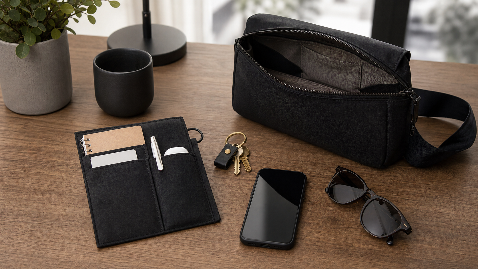 NoteRail Pocket Organizer moving from desk to a black sling bag