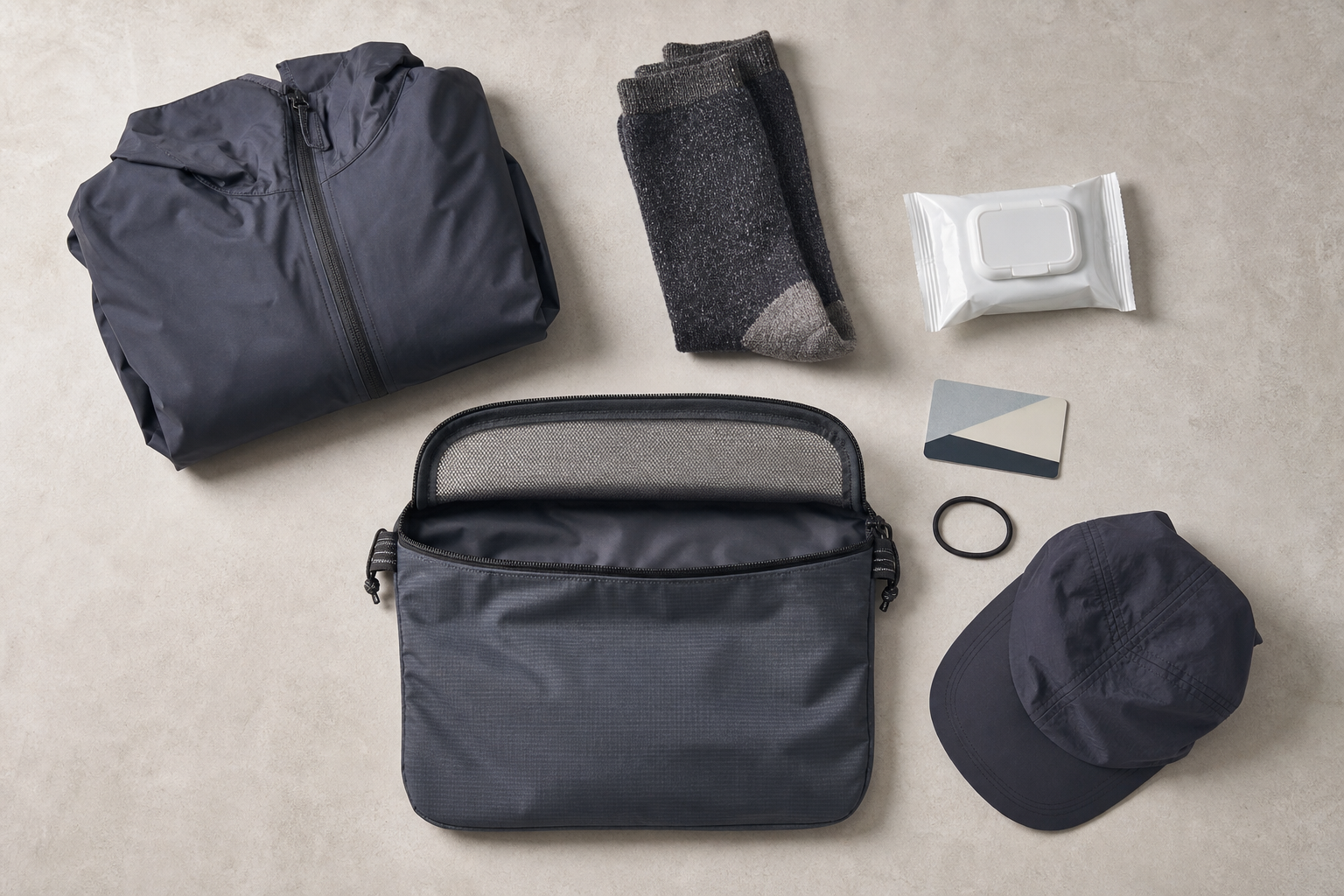 RainFold Outfit Pouch top open layout studio product photo