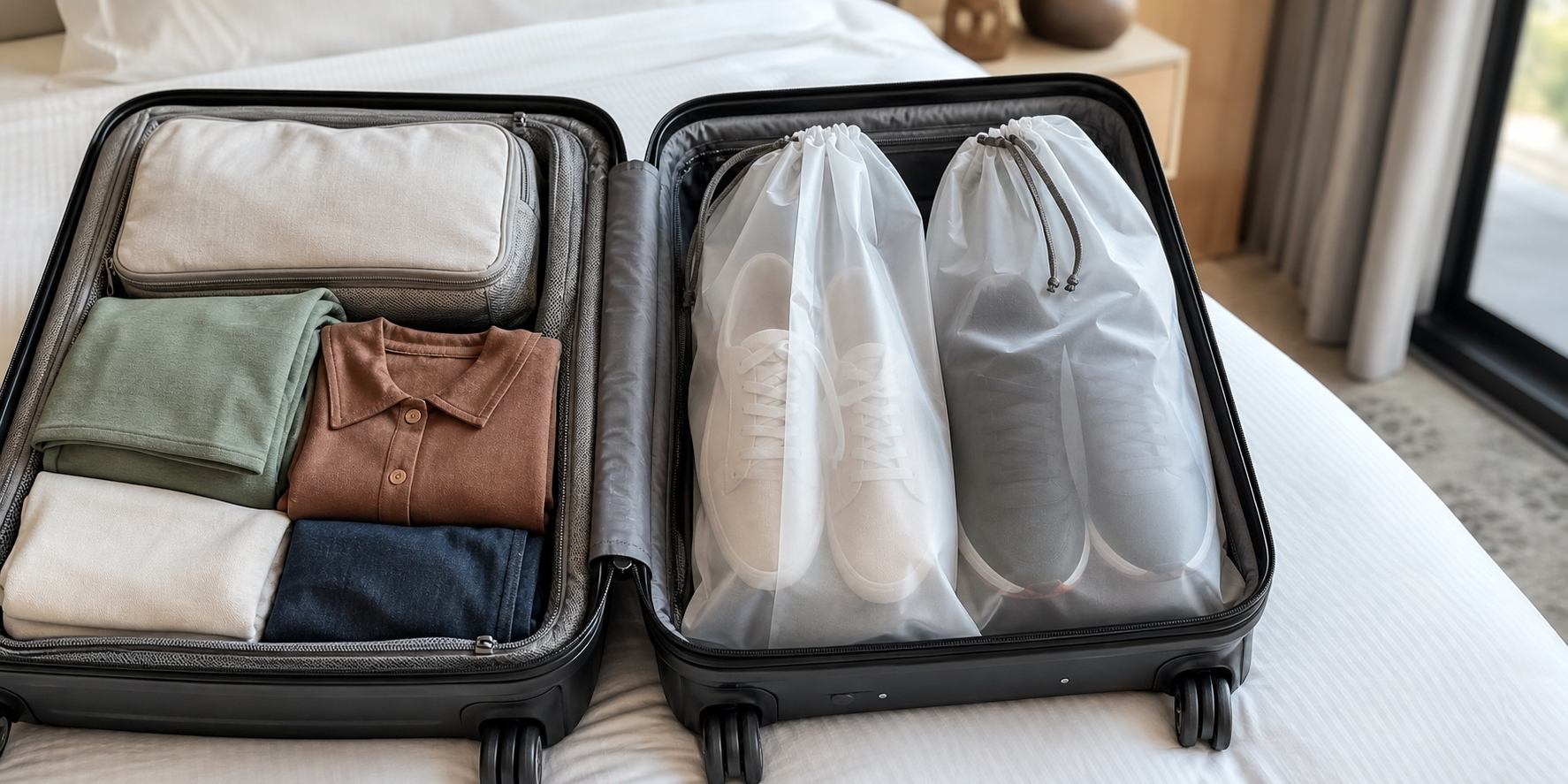 ShoeKeep sleeves in an open carry-on separating shoes from clean clothes