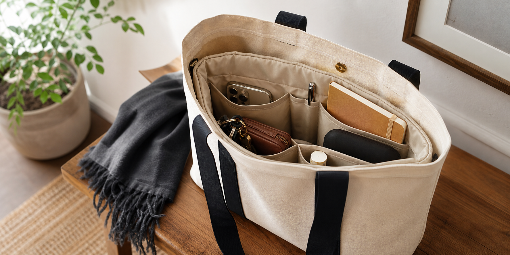 Organized work tote with beige insert, notebook, wallet, phone, and daily essentials on an entry table