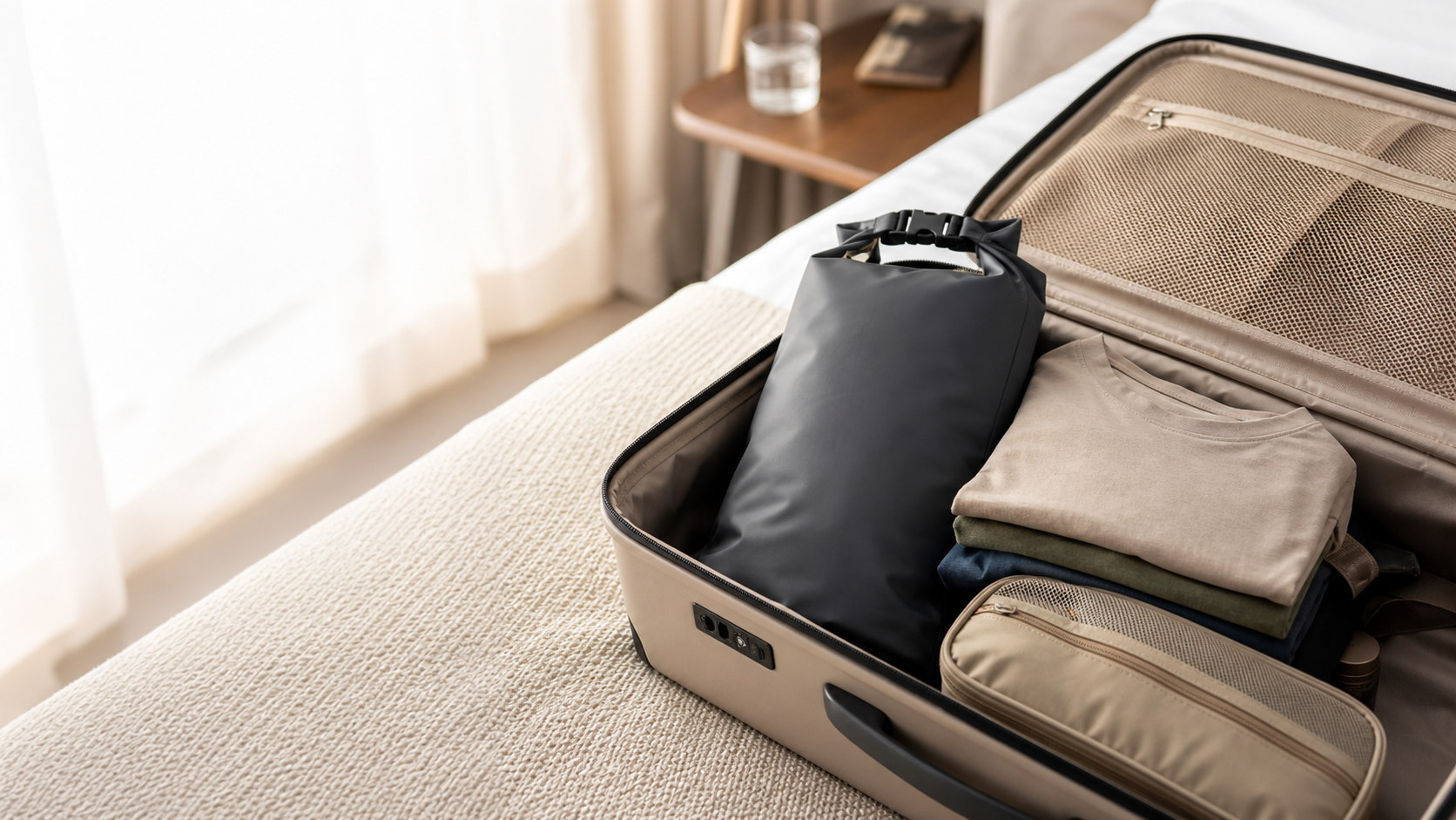 TravelDry laundry bag in an open carry-on with folded travel clothing