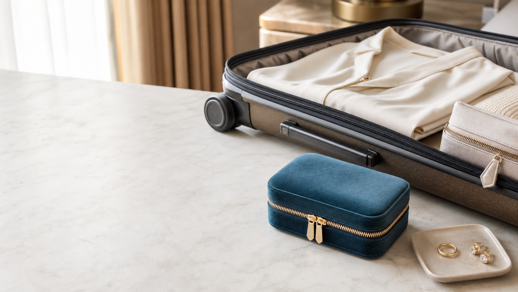 VelvetLoop travel jewelry case staged in a carry-on packing scene