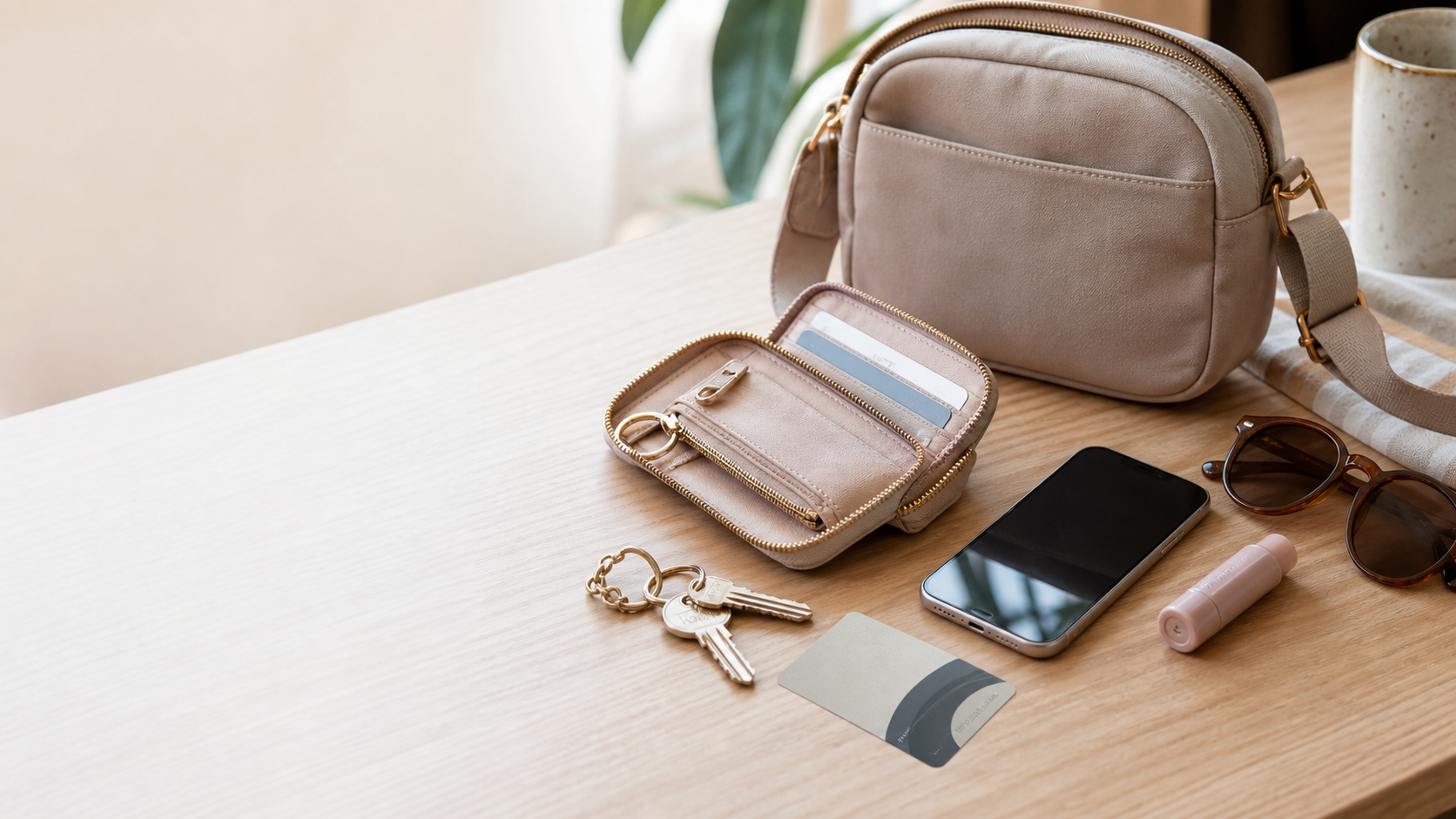 ZipKey Mini Wallet beside a small crossbody bag, phone, keys, card, sunglasses, and lip balm